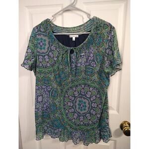 Croft&Barrow Woman L Blouse Blue Green Medallion Artsy Short Sleeve Pullover